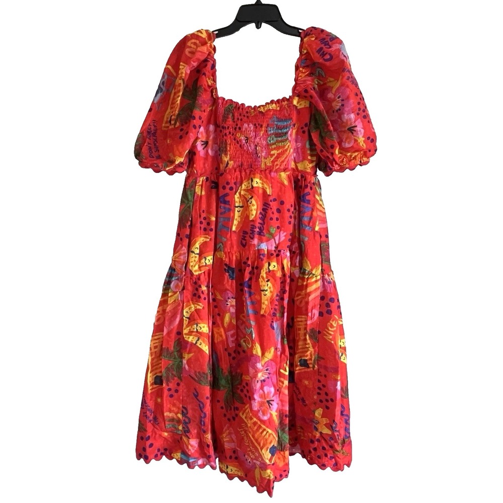 Farm Rio Good Vibes Cotton Midi Dress Puff Sleeve Smocked Tropical Resort Boho L - Picture 3 of 15